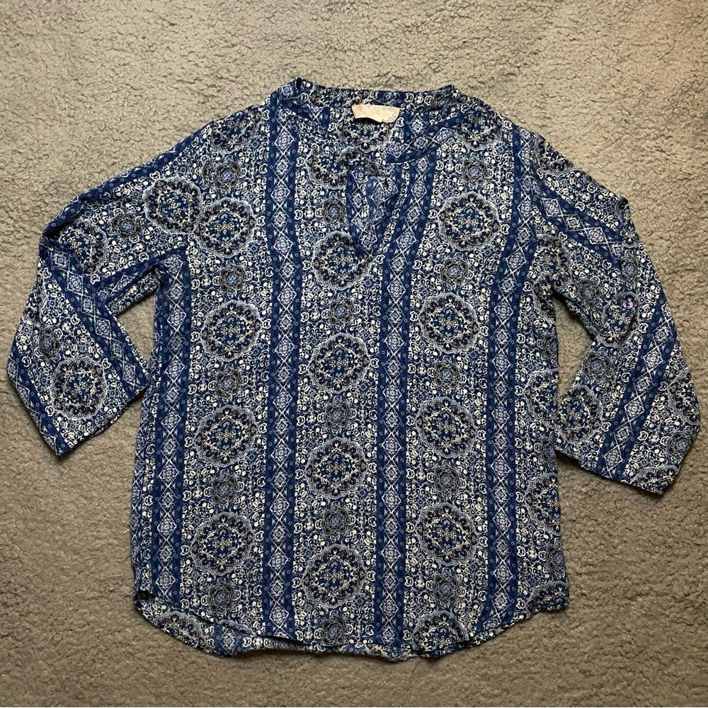 Woman’s Pink Rose Vintage Blue Boho Long Sleeve Printed Blouse M